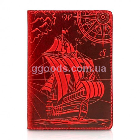 Обложка для паспорта кожаная красная "Discoveries"