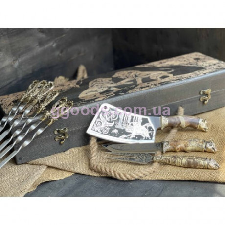 Шампура в деревянном кейсе Морской бриз с ножом, топором и вилкой