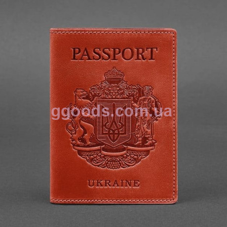 Кожаная обложка на паспорт с трезубом красная коралл