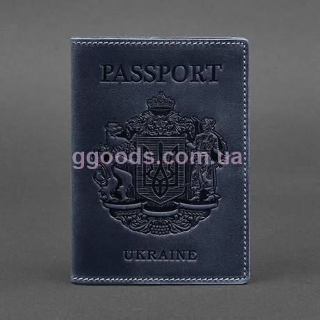 Кожаная обложка на паспорт с украинским гербом синяя