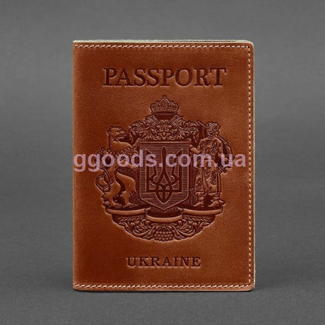 Кожаная обложка на паспорт с украинским гербом Коричневый коньяк