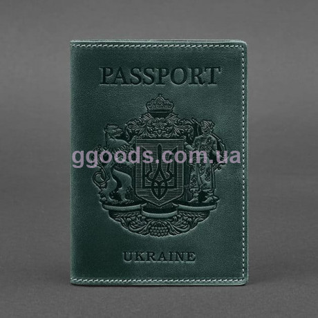 Кожаная обложка для паспорта с гербом Украины зеленая