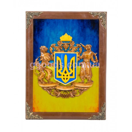 Плакетка з символікою герб України коричнева шкіра, дерево